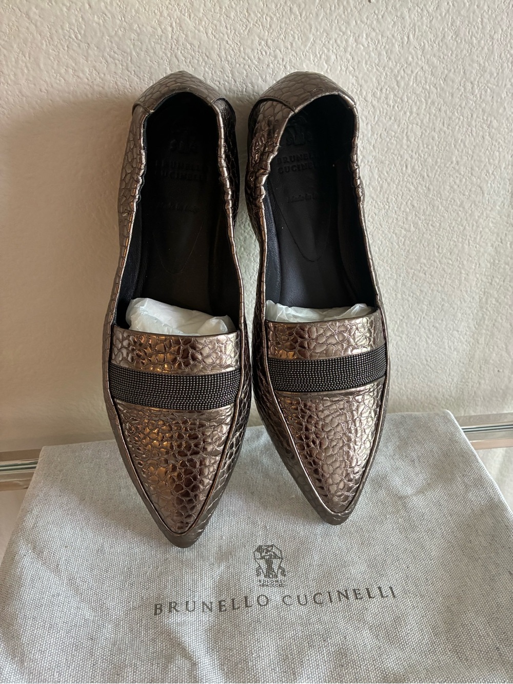*NWT* Brunello Cucinelli 36 Bronze Metallic Pointed Toe Loafers